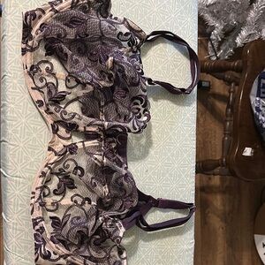 Cacique Purple and Cream Lace Bra with Delicate Scalloped Edges